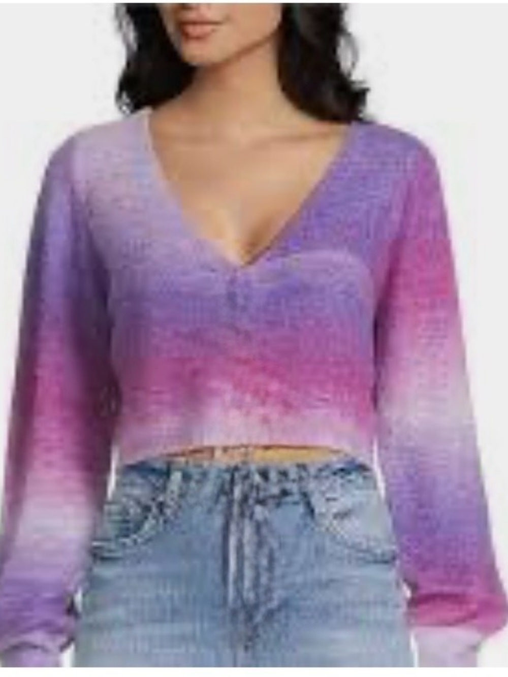 EMORY PARK Spacedye Lavender & Pink Tie-Dye V-Neck Cropped Sweater
